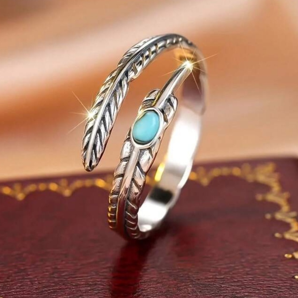 Silver Feather Wrap Ring with Turquoise Stone